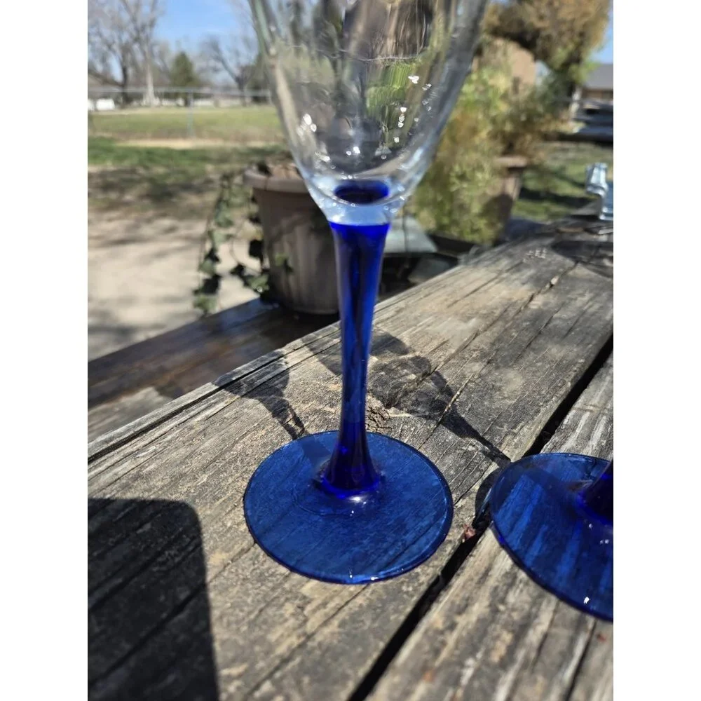 Vintage Cobalt Blue Stem Champagne Flute Wine‎ Glasses 8.25